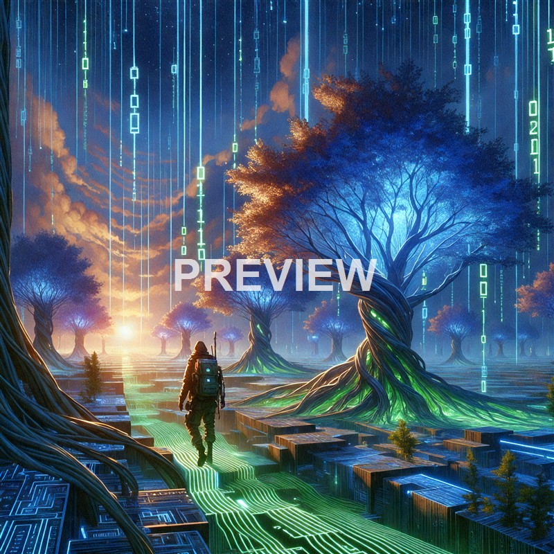 A person with a backpack walking along a futuristic path lined with large, glowing trees under a sky filled with digital rain of binary code and glowing lines.